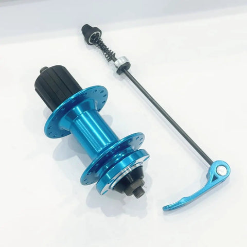 Blue 32H Beefy Aluminum Alloy Rear Hub With Quick Release For 135mm Frames, shown with quick release lever.