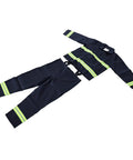 Heavy Duty Fire Retardant Work Suit With Aramid Insulation And High Visibility Design, navy blue with reflective stripes, laid flat.