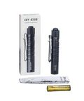 Compact AAA Powered EDC Flashlight For Camping And Hiking With Tail Switch 180 Lumens Beam next to packaging and AAA battery
