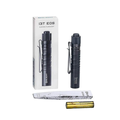 Compact AAA Powered EDC Flashlight For Camping And Hiking With Tail Switch 180 Lumens Beam next to packaging and AAA battery