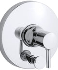 Toobi Rite-Temp Valve Trim With Diverter Includes Face Plate And ADA Compliant Metal Lever Handle Single Handle Controls On And Off And Temperature Control Valve Not Included, chrome finish shown from side angle.