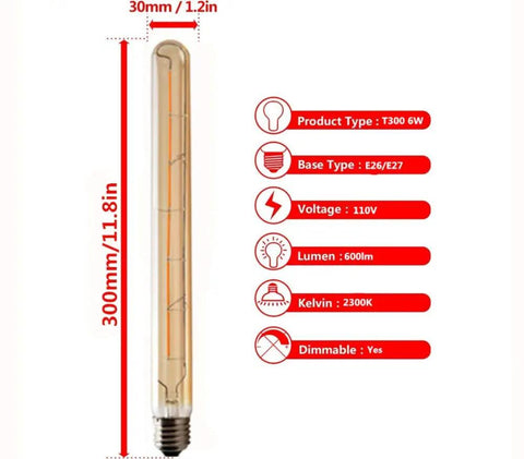 Retro Tubular LED Filament Bulb 6W Dimmable Edison Style Amber Glass Warm White 2300K 40W Equivalent E26 and E27 Base