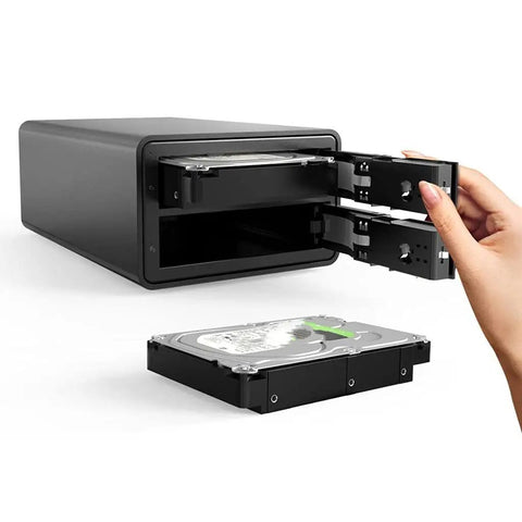 Dual Bay 3.5 Inch USB 3.0 To SATA 3 Hard Drive Docking Station With Rock Solid Aluminum Enclosure and RAID support with HDD being inserted.