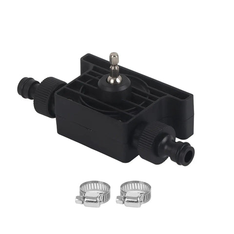 Compact Electric Drill Water Pump For Rapid Fluid Transfer with black connector, 15mm ports, and two metal clamps.