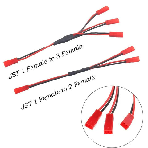 Y Harness Splitter Kit for RC Cars and Traxxas TRX-4, JST 1 Female to 3 and 2 Female Splitters shown with connectors