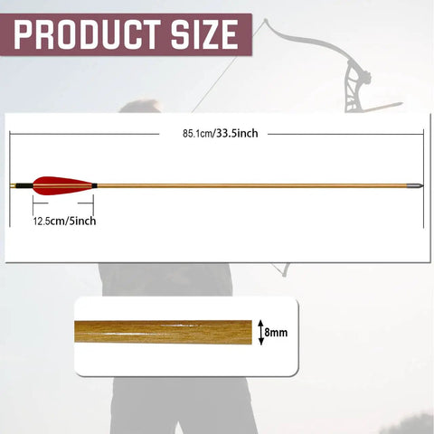 33 Inch Handmade Wooden Archery Arrows Set With Turkey Feather Fletching, Field Points For Recurve And Longbow, arrow dimensions shown