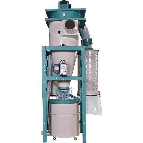 Heavy Duty 5 Horsepower Cyclone Dust Collector Keeping Your Garage Drop Dead Clean With 215 Square Foot High Efficiency Filtration, vertical view.