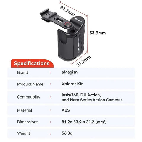 Xplorer Magnetic Quick Release Camera Grip Kit with dimensions and specs for Insta360 DJI Action Hero cameras