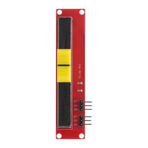 Front view of Five Pack 10K Slide Potentiometer Modules for Arduino and Microcontroller Projects with Dual Analog Output 0 to Vcc 3.3V to 5V Operation Compact 90 by 20 mm.