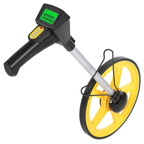Rock Solid Digital Measuring Wheel with Telescopic Handle and Kick Ass Non Slip Rubber Roller for Pro Surveys or Nifty Home DIY Tasks Metric Inch Switch Top Shelf, close-up of yellow wheel and digital display.