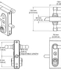 Badass Stainless Steel Gate Lock With Adjustable Deadbolt And Three Keys For Heavy Duty Fence Security built tough for daily outdoor use on wood or metal gates, detailed blueprint dimensions.