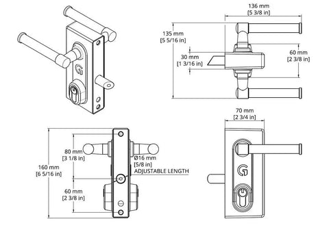 Badass Stainless Steel Gate Lock With Adjustable Deadbolt And Three Keys For Heavy Duty Fence Security built tough for daily outdoor use on wood or metal gates, detailed blueprint dimensions.