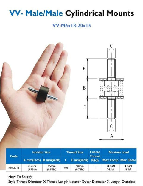 Hand holding M6 Rubber Vibration Isolator Mounts Double Stud Anti Vibration Silent Blocks with diagram and specifications.
