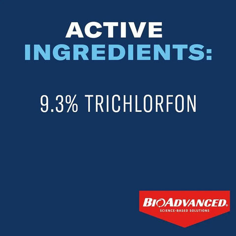 Active ingredients of BioAdvanced 24 Hour Grub Killer Plus Granules with 9.3% Trichlorfon for lawns.