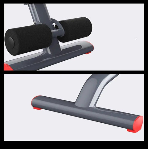 Close-up of foot pads and foam rollers on Adjustable Folding Dumbbell Bench For Home Gym With Large Non Slip Foot Pads, Stable Leather Cushioned Surface