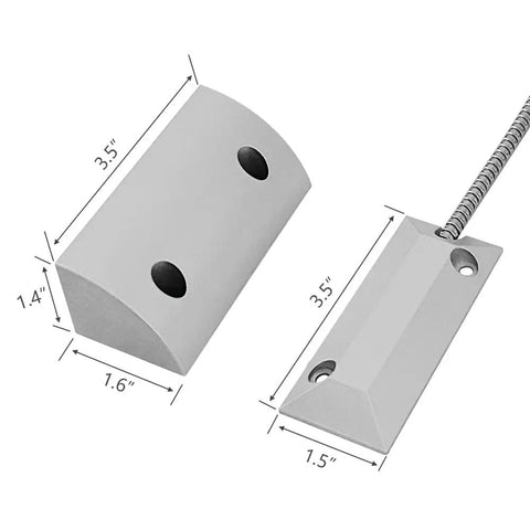 Rugged Wired Garage Door Magnetic Switch For Roller Shutter NC with 15 Inch Armored Cable, beefy metal housing shown in detail with dimensions.