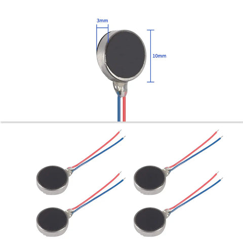 10x3mm Mini Vibration Motors Pack, 3V DC Coin Button Type Micro Vibe Motors with two wires, flat coin shaped, multiple angles