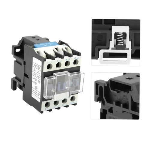 High Sensitivity Industrial AC Contactor 220V 25A Electric Switch For Efficient Power In Electronics DIY Projects And Home Audio Applications Ideal For Industrial Control And Machinery Hobbyist Electronics Setups. Black 25A AC contactor with clear cover and terminals