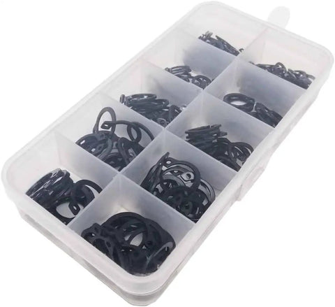 Workhorse Assorted Retaining Ring Set 250 Pcs 5 To 20 Mm Black 65Mn Steel Snap Rings C Type in a transparent organizer