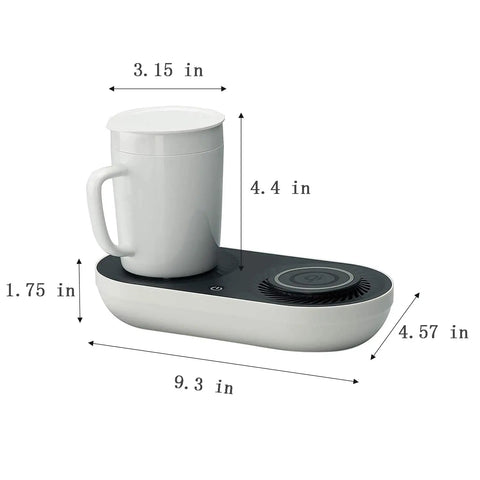 Slick Coffee Mug Warmer And Drink Cooler With Quick Wireless Charger 3 In 1 Electric Cup Heating Base dimensions 9.3x4.57x1.75 inches.