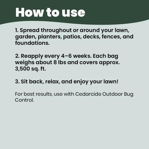 Natural Cedar Granules For Yard And Home Pest Control That Repels Fleas Ticks Ants And Mosquitoes Smells Great Easy To Use Family And Pet Safe Two Bags 16 Lbs use instructions with application tips on a green background