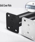 Black and white solid cover plates for adjustable table legs, part of the Four Pack Adjustable Heavy Duty Table Legs Built From Premium Steel With Tough As Nails Durability For Sofa Couch Coffee Tables Supporting Massive Loads While Gliding Effortlessly On Swivel Casters.