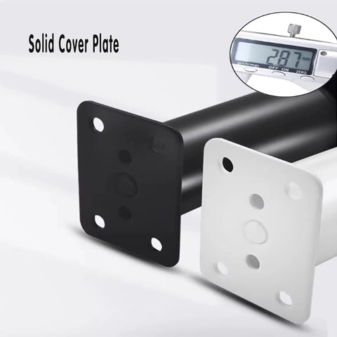 Black and white solid cover plates for adjustable table legs, part of the Four Pack Adjustable Heavy Duty Table Legs Built From Premium Steel With Tough As Nails Durability For Sofa Couch Coffee Tables Supporting Massive Loads While Gliding Effortlessly On Swivel Casters.