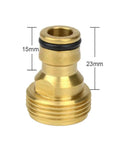 Close-up of Six Pack Brass Quick Connect Hose Nozzle Adapter for Three Quarter Inch Male Thread, 15mm x 23mm dimensions visible.