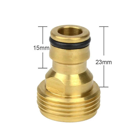 Close-up of Six Pack Brass Quick Connect Hose Nozzle Adapter for Three Quarter Inch Male Thread, 15mm x 23mm dimensions visible.
