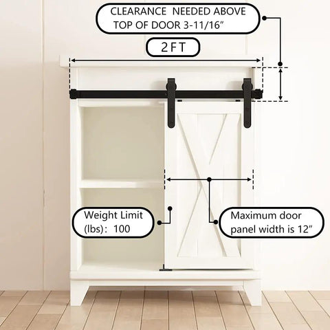 Ultra Compact 2ft Sliding Barn Door Hardware Kit For Wardrobe And TV Stand shown on white cabinet with door specs.