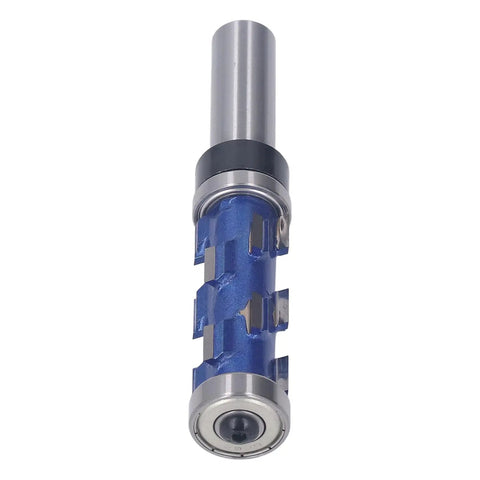 Top Pick Spiral Flush Trim Router Bit For Woodworking Pros With Tungsten Carbide Blades And 1/2 Inch Shank To Cut Smooth Edges Fast, showing blue body and steel shank.