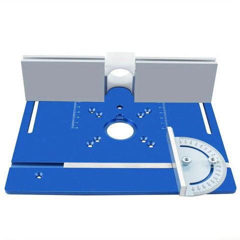Heavy Duty Aluminum Router Table Insert Plate With Precision Miter Gauge And Butter Smooth Glide Track For Knockout Woodworking Cuts And Pro Level Routing Projects In Classic Blue, top view showcasing smooth surface and precision gauge.