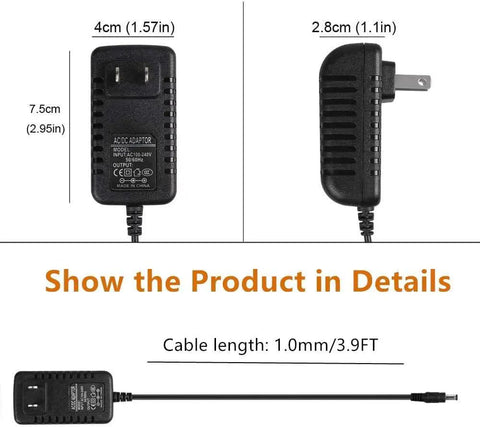 Wall AC Power Adapter For AD-E95100B Workstation Keyboard And Music Gear, dimensions labeled, long cable length shown