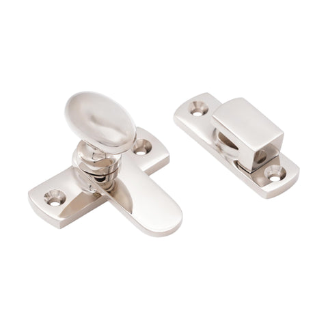 Polished Nickel Oval Cabinet Turn Latch 55mm Cupboard Lock for Kitchen and Bath Cabinets, top view on white background