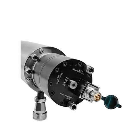 Heavy Duty Water Cooled Spindle Built Tough For Pro CNC Machine Tools, close-up of water inlet, metal housing, mounted connectors.