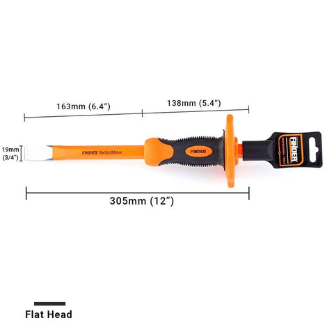 Beefy 12-Inch Flat Chisel With Bi-Material Hand Guard For Demolishing Masonry Carving And Concrete Breaker Jobs, Heat Treated CRV Steel