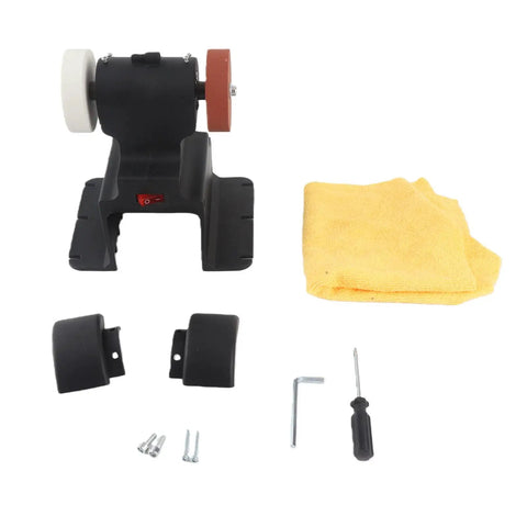 Hamwesh 250W Mini Bench Grinder with two wheels, power switch, accessories, and cloth for polishing.