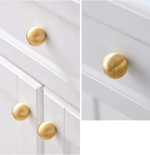 Solid Brass Cabinet Pulls Set Of 10 Round Brushed Brass Handles for white cabinet doors in modern kitchen
