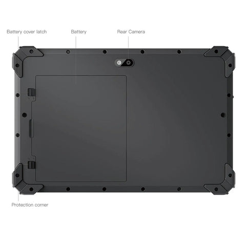 Back view of Ready To Roll 8 Inch Windows 11 Pro Tablet With Intel N5100 Processor showing battery, camera, and rugged casing.