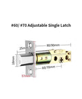#60/#70 Adjustable Single Latch showing measurements for installation and stainless steel finish, compatible with smart door locks.
