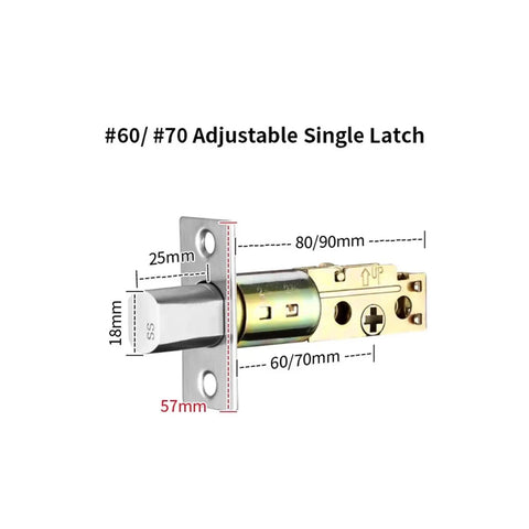 #60/#70 Adjustable Single Latch showing measurements for installation and stainless steel finish, compatible with smart door locks.