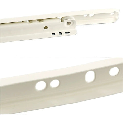 Close-up of Heavy Duty Thickened Roller Drawer Slide Tracks in white metal with ultra smooth glide rail system.