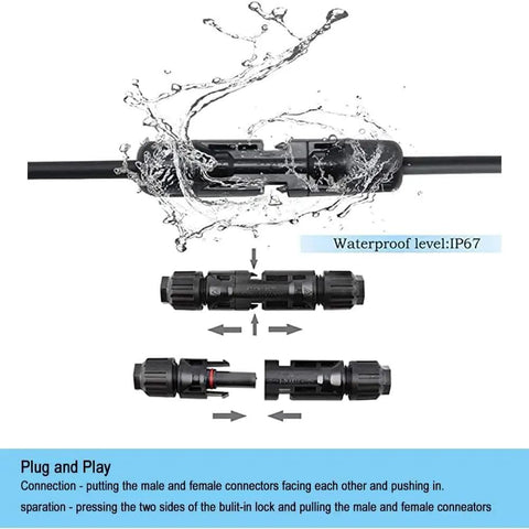 MC4 Solar Panel Connectors Kit 50 Pairs With 2 Spanners, IP67 Waterproof Male And Female Plugs in use, showing water resistance.