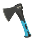 Rugged Workhorse 10 Inch Outdoor Hatchet For Camping Use Forged Carbon Steel Heat Treated For Long Lasting Sharpness With Fiberglass Shock Reduction Handle And Non Slip Grip In Blue with visible blade edge.