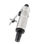 Heavy Duty Pneumatic Die Grinder With Lightweight Air Powered Build For Quick Cut And Detail Work In Tight Fits Featuring High RPM Spin And Rock Solid Quarter Inch Collet Grip Smooth Handle Layout For All Day Grind side view of the air powered die grinder with a smooth silver grip.