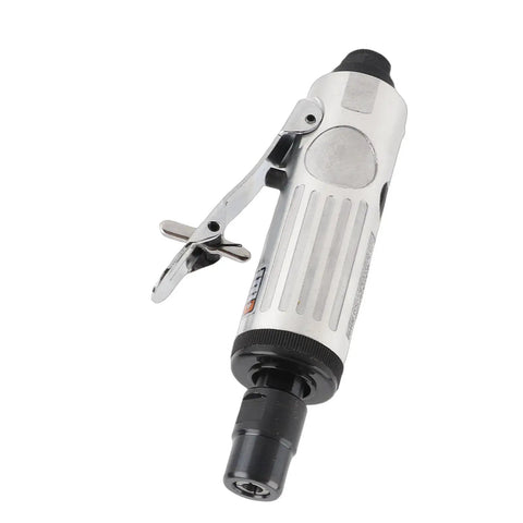 Heavy Duty 1/4 Inch Pneumatic Die Grinder Angle Polisher Beast for Aggressive Grinding Rust Removal and Smooth Polishing Tasks in Cramped Areas with Low Noise Operation and Pro Grade Durability for Shop Jobs Silver Finish, side view with trigger.