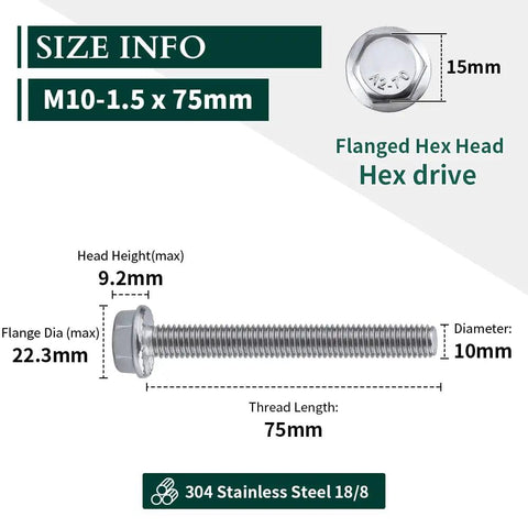 Heavy Duty Badass M10 Hex Flange Bolts Featuring Serrated Locking Flanges And Rust Resistant 304 Stainless Steel Construction with size details.
