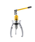 Heavy Duty 5 And 15 Ton Hydraulic Gear Puller Adjustable Jaw Wheel Bearing Separator Kit For Mechanics Seeking Kickass Holding Power and No Sweat Setup During Rapid Hub Removal On Any Workbench, featuring a yellow handle and metallic structure.