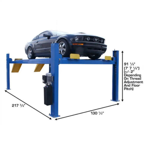 Commercial 4 Post Vehicle Alignment Lift With Heavy Duty Rotating Platforms And Secure Grip Flooring Designed For Daily Shop Use Delivers Rock Solid 14000 Lb Capacity Plus Generous Overhead Clearances And Hassle Free Controls with a black car raised on it.