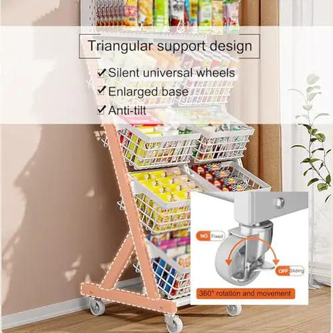 Rock Solid Heavy Duty Metal Storage Shelves With Adjustable Utility Rack For Garage And Home Organization Hella Sturdy Industrial Shelf showing triangular support, silent wheels, and baskets.